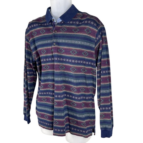 Vintage L.L. Bean Mens M Native Aztec Long Sleeve Polo Shirt 1990 Jamaica Made - Picture 8 of 13